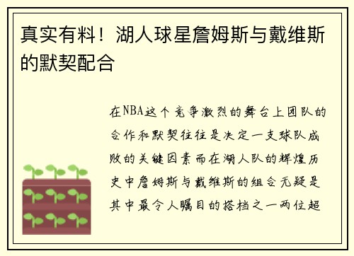 真实有料！湖人球星詹姆斯与戴维斯的默契配合